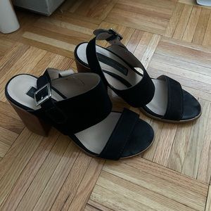 Black Two Strap Faux Suede Wooden Block Heel Sandal Steven By SM, Sz 7.5